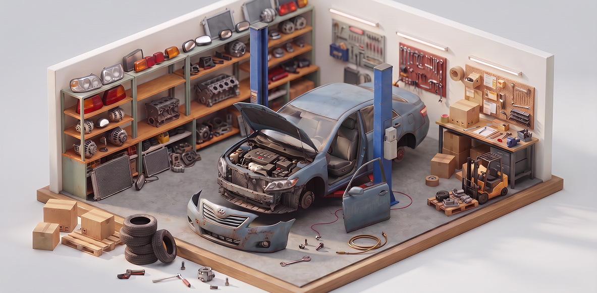 Isometric garage bay - a car on a lift, parts organized on shelves, boxes and tools ready to list