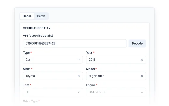 Add donor form - VIN decode auto-fills type, year, make, model, trim and engine