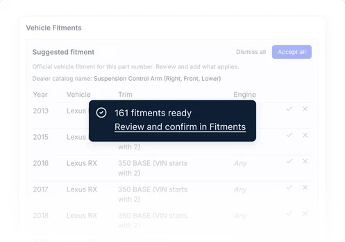 Suggested vehicle fitments for a part number, 161 fitments ready to review and confirm