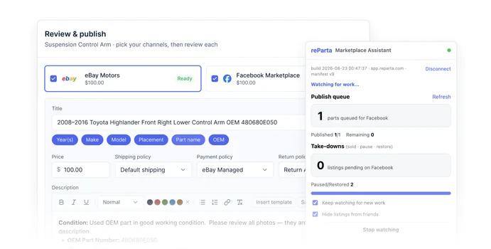 Review and publish screen with eBay Motors and Facebook Marketplace selected, plus the Marketplace Assistant extension