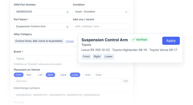 OEM number lookup returning a verified suspension control arm with its eBay category and fitting vehicles