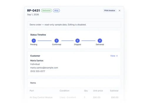 Order detail with a status timeline from pending to delivered and the customer record