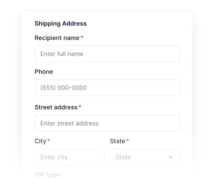 Shipping address form on an order