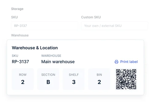 Part location card - SKU, warehouse, row, section, shelf, bin and a printable QR label