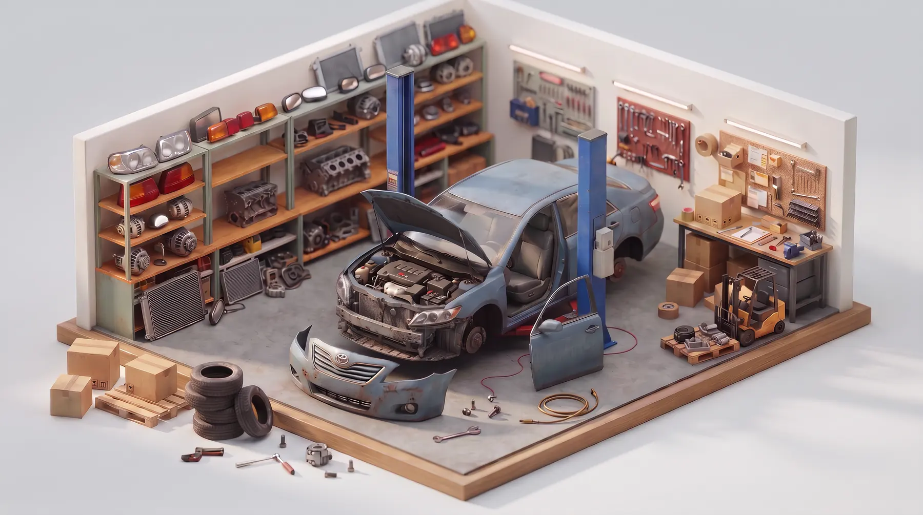 Salvage yard garage with a donor car being parted out, shelves of used auto parts and a pallet of parts ready to ship
