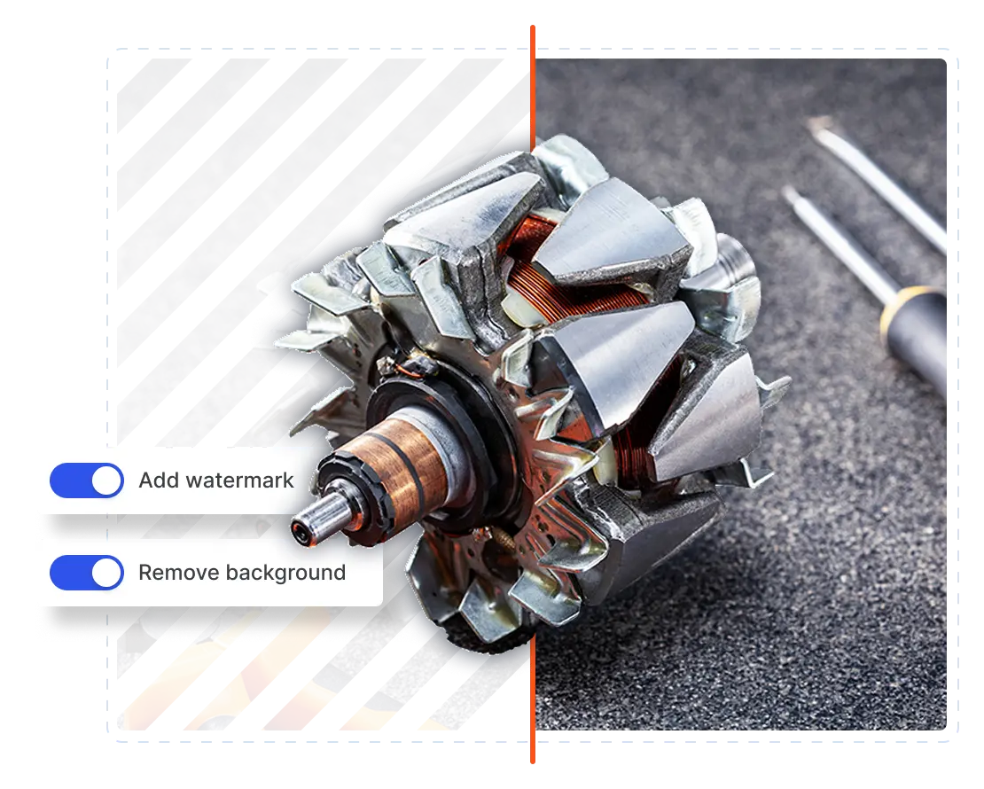 AI photo cleanup — auto part lifted off its messy background, before and after